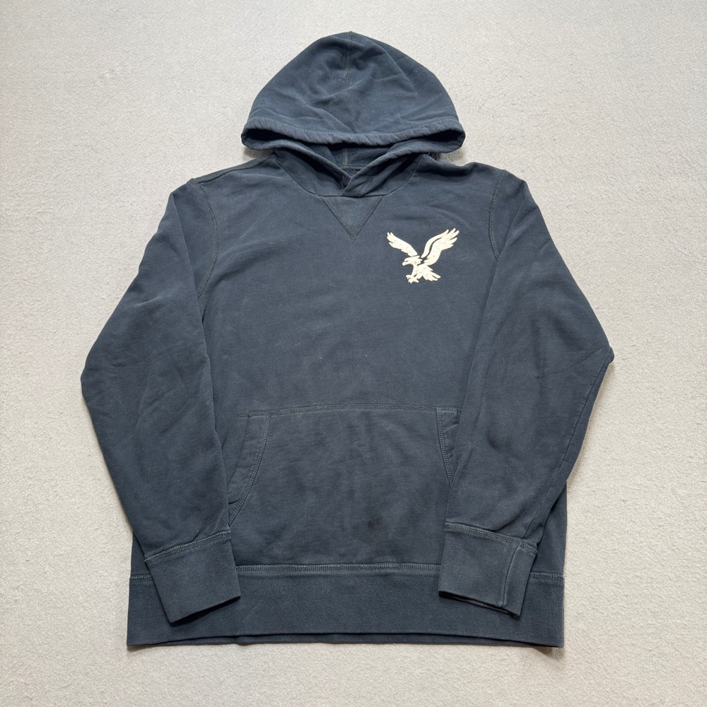 American Eagle Hoodie Men's Large Navy Blue Fleece Lined Pullover Sweatshirt